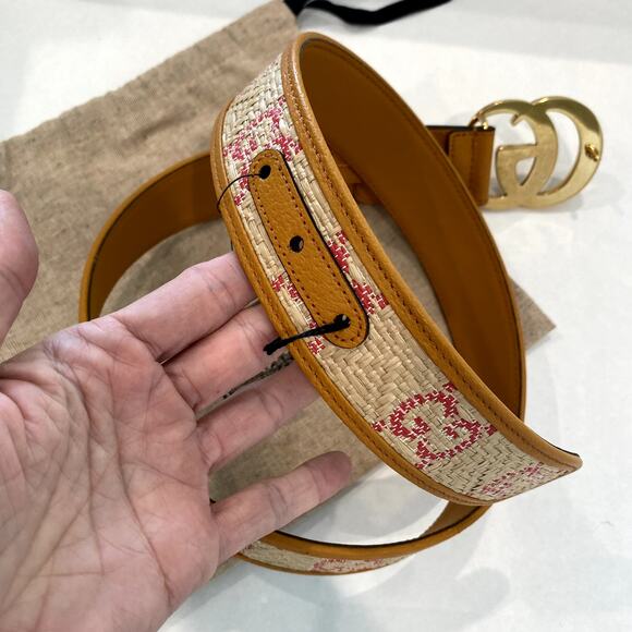 Gucci GG Marmont G Print Raffia Straw Wide Belt 90 Tan Pink Yellow - Picture 5 of 16